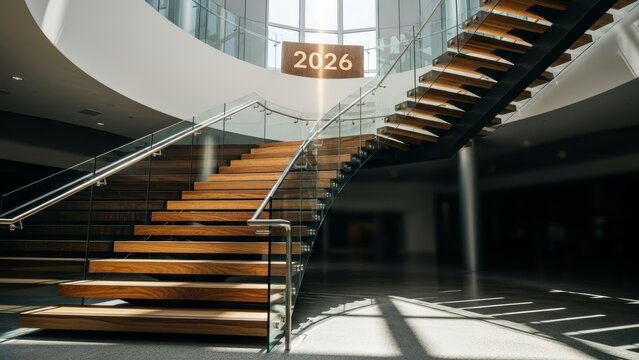 A stylish staircase with wooden stairs and glass railing, sunlight streaming in showcasing a sign displaying '2026'. - Powered by Adobe