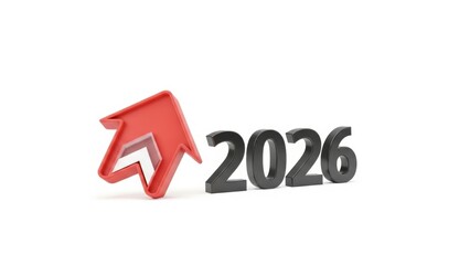 Red upward arrow and 2026 year number depict optimistic growth trends.