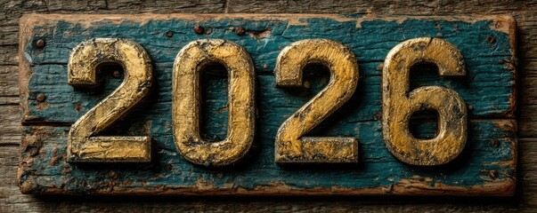 Golden 2026 numbers on weathered blue wood board for a bold new year celebration