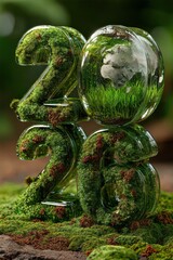 Glass numbers 2023 covered in moss and greenery for eco friendly new year concept