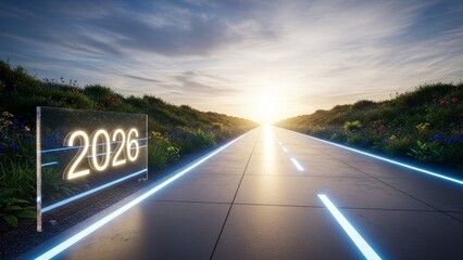 Illuminated road with futuristic design leads into a radiant sunrise. Year '2026' displayed.