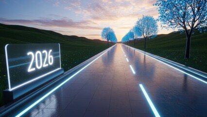 A futuristic highway scene with illuminated trees lining the road and a glowing 2026 sign at sunset.