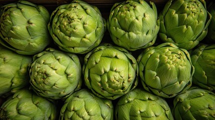Fototapeta premium Artichokes are arranged neatly in a display at a market. The green vegetables show their rounded shapes and potential for cooking. Morning light highlights their colors