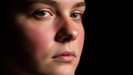 Fototapeta premium Close-up portrait of young caucasian female with intense gaze on black background