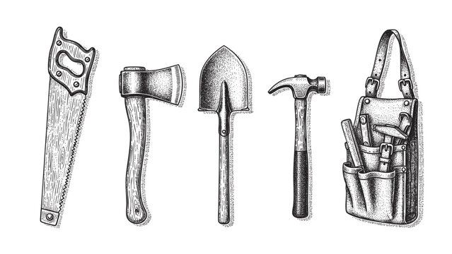 A charming black and white illustration features a collection of vintage hand tools, including a saw, axe, shovel, and hammer, displayed alongside a leather tool pouch filled with instruments.