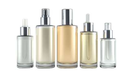 A set luxury glass perfume bottle with blue liquid and a spray nozzle isolated on white for cosmetic hygiene and fashion care