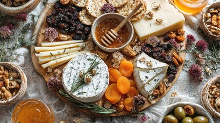 Artisanal cheese board with honey, nuts, dried fruits, crackers and gourmet ingredients arranged on rustic wooden surface