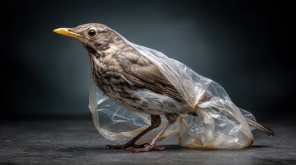 Small bird entangled in clear plastic bag against dark background, powerful environmental message about pollution impact on wildlife