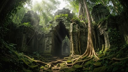 Ancient jungle temple ruins with overgrown trees and sunlight streaming through canopy