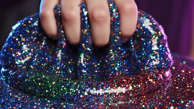 Hand Squishing Glitter Slime in Dramatic Lighting
