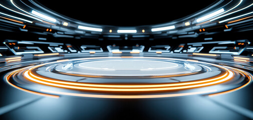 Futuristic sci-fi stage with glowing orange and blue lights representing technology, innovation, and digital virtual platform concept.
