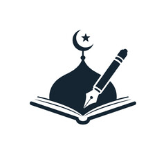 Vector of Islamic culture and knowledge represented by an open book, a quill pen, and a mosque dome with crescent moon symbol