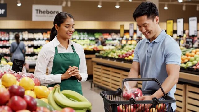 smiling indian female assistant handing bag of apples to asian male customer in grocery store. supermarket shopping and retail service concept. fresh fruit market. - Powered by Adobe