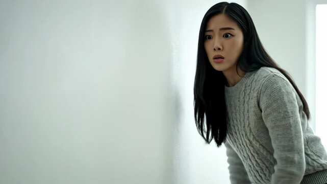 curious asian woman pressing ear against white wall to overhear conversation. eavesdropping on secrets or noisy neighbors. sound insulation concept. blog illustration.