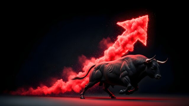 Powerful black bull charging with a rising red smoke arrow. Stock market bullish trend and financial growth. Strong animal running forward with a glowing upward graph on dark background
