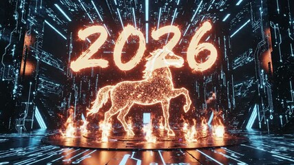 Celebrating Lunar New Year 2026 Horse Shio with Vibrant Fireworks and Neon Lights in a Futuristic Setting