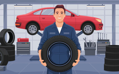 Mechanic holding a tire in a garage with a red car on a lift