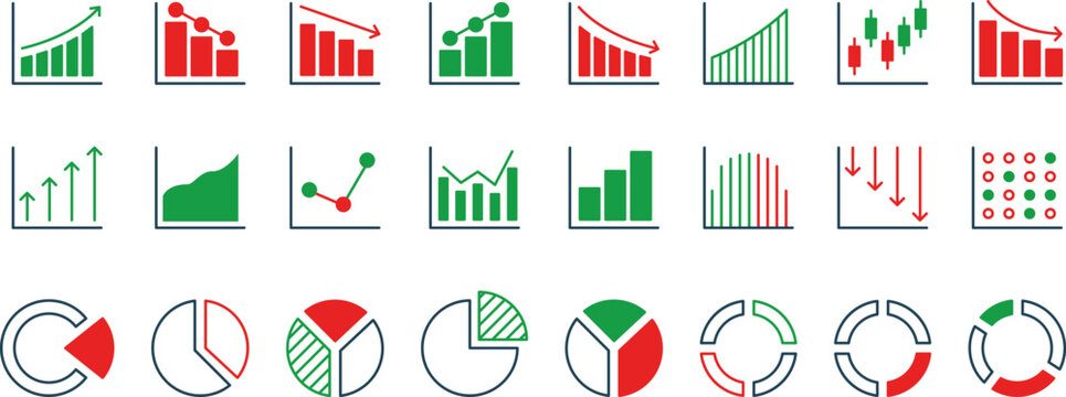 Growth icon set. Containing arrow up and down, growing graph, business Bar chart icons. Ascending and descending schedule. Business infographics. Statistic data, charts, vector