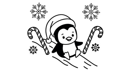 Baby Penguin Wearing Santa Hat Sliding On Ice