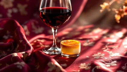 Close-up of wine glass and dessert with elegant fashion fabric backdrop