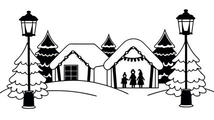 Christmas Village Street With Lampposts And Gift Shops