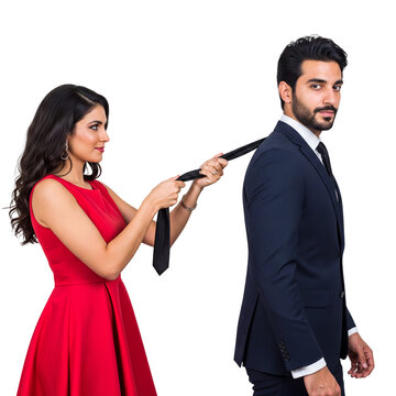 Playful woman in red dress pulling businessman by tie, romantic Indian couple flirting isolated on transparent background
