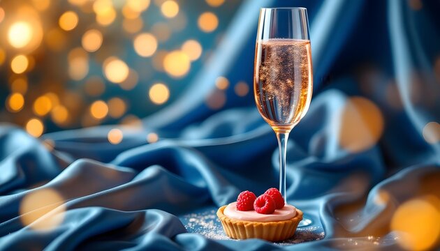 Close-up of wine glass and dessert with elegant fashion fabric backdrop