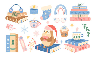 Winter books clipart set in pastel colors, Trendy Christmas bookish aesthetic, Book lover gifts, Cozy reading, Bookstore Holiday Graphics, Seasonal vector illustration.