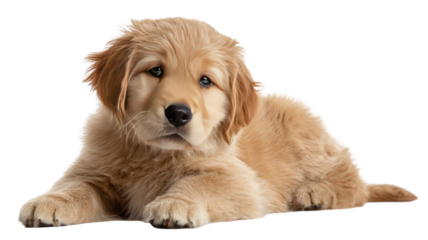An adorable purebred golden retriever puppy sits for a happy studio portrait, featuring a cute domestic canine pet isolated on a white background for a beautiful animal breed pedigree shot