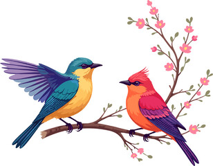 Birds on branch illustration isolated on white background, spring nature clipart