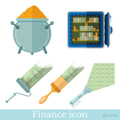 Safe with money, caldron with gold, brush and platen draw banknotes, flashlight lit money. Set of business concept flat icons.
