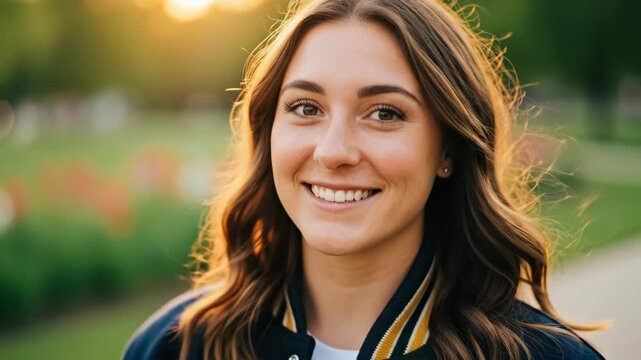happy caucasian female athlete posing with softball covering one eye. young player in varsity jacket outdoors. sport media day portrait. school yearbook.