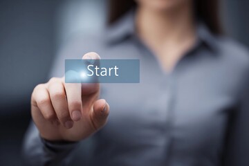 Woman touches button to start a process in office