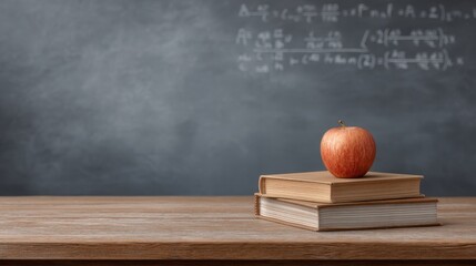 Fresh Red Apple on Stacked Books in Classroom Setting with Mathematical Equations on Chalkboard Background for Educational Concepts and Learning Themes