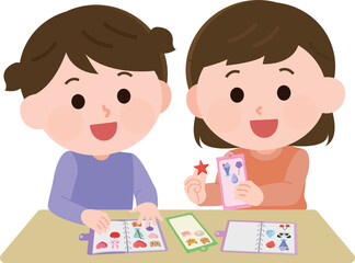 シール交換をする女の子たち　イラスト