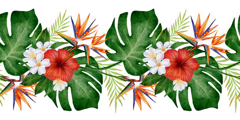 Watercolor seamless tropical border with hibiscus flowers, plumeria and monstera leaves, green foliage raster illustration on white background for summer banners, invitations and botanical decoration. © Alona