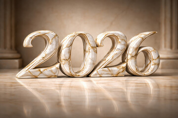 2026 numbers in white marble with gold veins on reflective surface with classical columns 