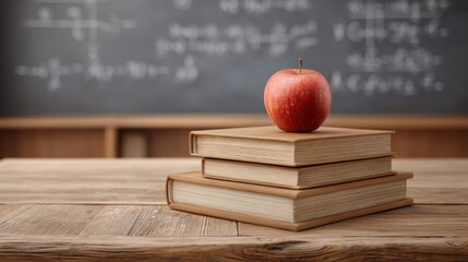 Fresh Red Apple Resting on Stack of Vintage Books in Classroom Setting with Chalkboard Background Highlighting Educational Environment