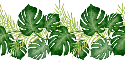 Watercolor seamless tropical border with monstera and palm leaves, green foliage illustration on white background, perfect for summer banners, invitations, botanical decor and nature themed design. © Alona