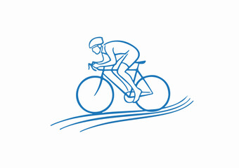Minimalist blue line illustration depicts a professional cyclist in an aerodynamic racing position on a road bike, conveying speed and athleticism