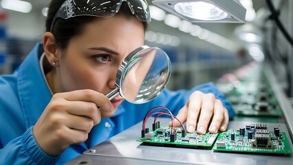 Technician inspecting circuit board closely.