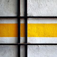 Abstract geometric composition with yellow horizontal stripe painted on textured white and black wall surface