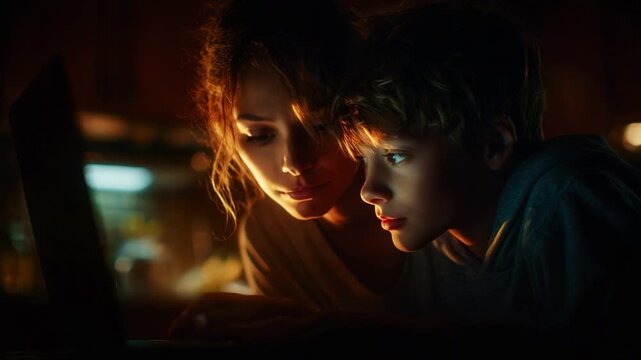 A mother and her son share a focused moment illuminated by the soft glow of a laptop screen, capturing the essence of connection and curiosity in a warmly lit, intimate environment.