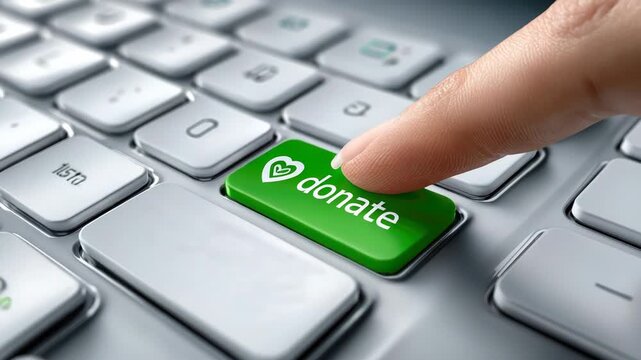 Hand pressing a green button with a heart symbol and the word donate on a laptop keyboard, illustrating support for a cause, online giving, and aiding those in need through the internet