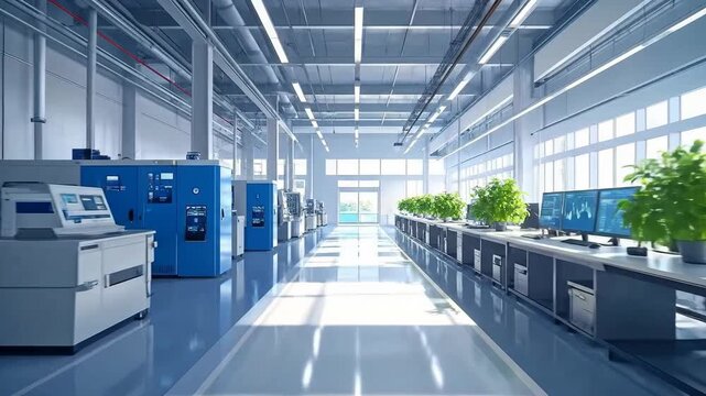 Modern Industrial Interior with Blue Machinery and Green Plants in a Bright White Space