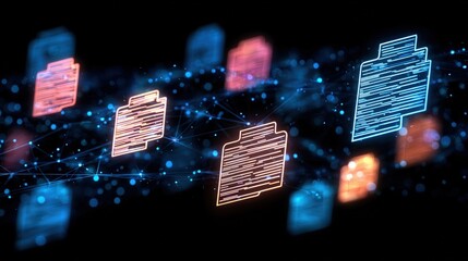 Abstract network grid with files and folders, futuristic software interface, digital document management system, store, search and organize documents, corporate business, paperless office	
