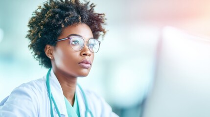 Doctor working at a computer in a medical office during daytime