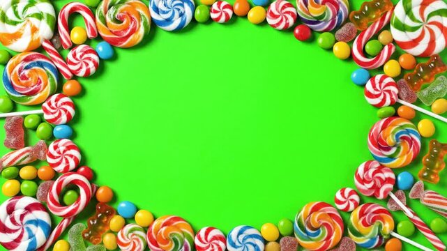 Colorful Assortment of Candies and Lollipops Bordering a Bright Green Background
