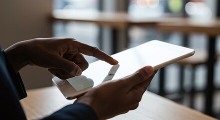 Hands using a tablet to interact with a digital application, representing modern communication and technology.Concept of digital technology and personal productivity.