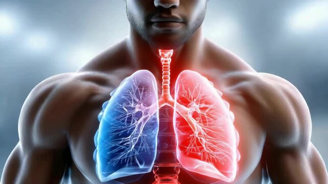 Medical animation showing the healing process of inflamed lungs, with the color changing from red, indicating infection or disease, to blue, signifying recovery and healthy breathing